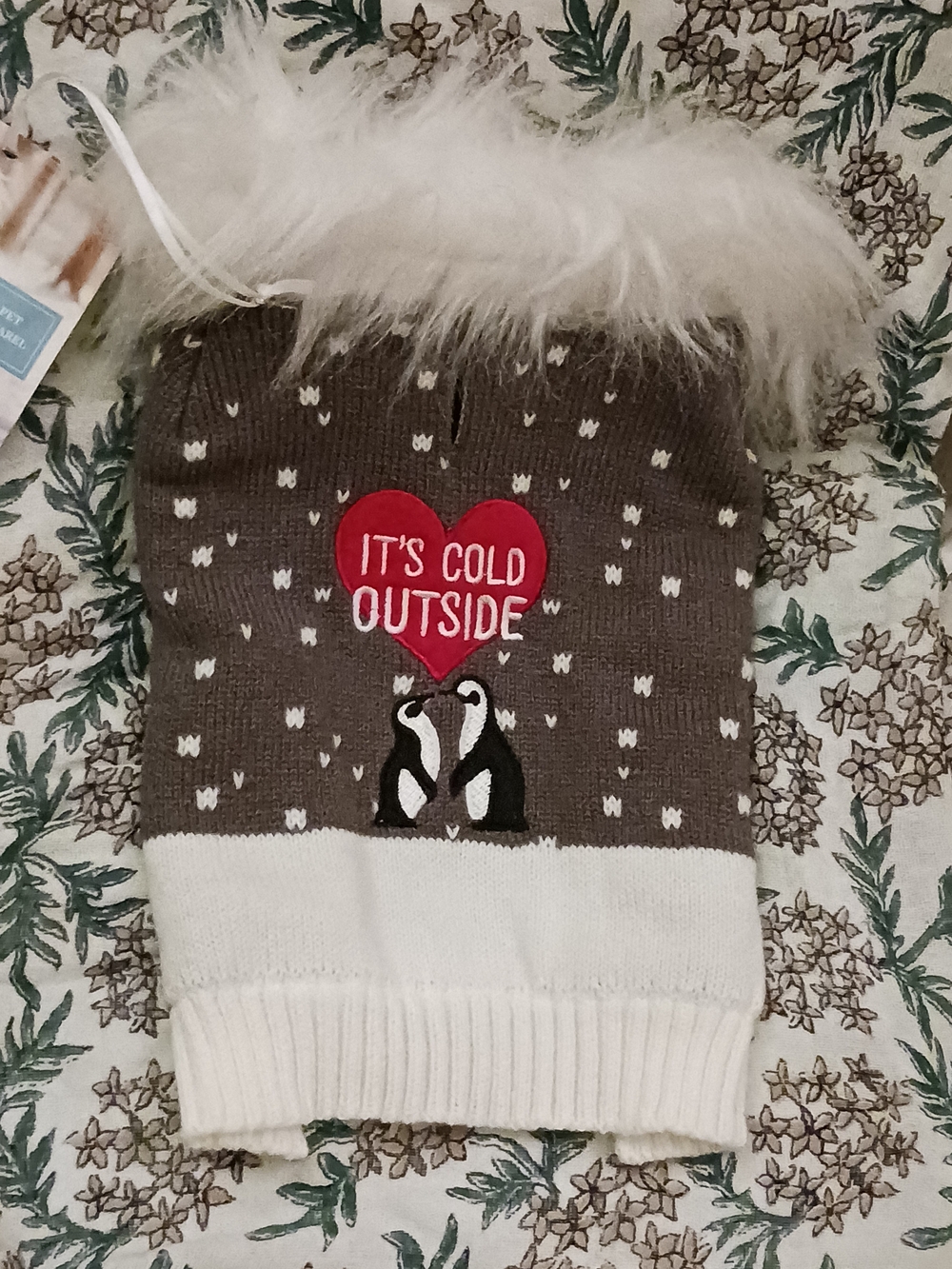 Gray Knit Winter Dog Sweater with Faux Fur Trim & Fleece - "It's Cold Outside"